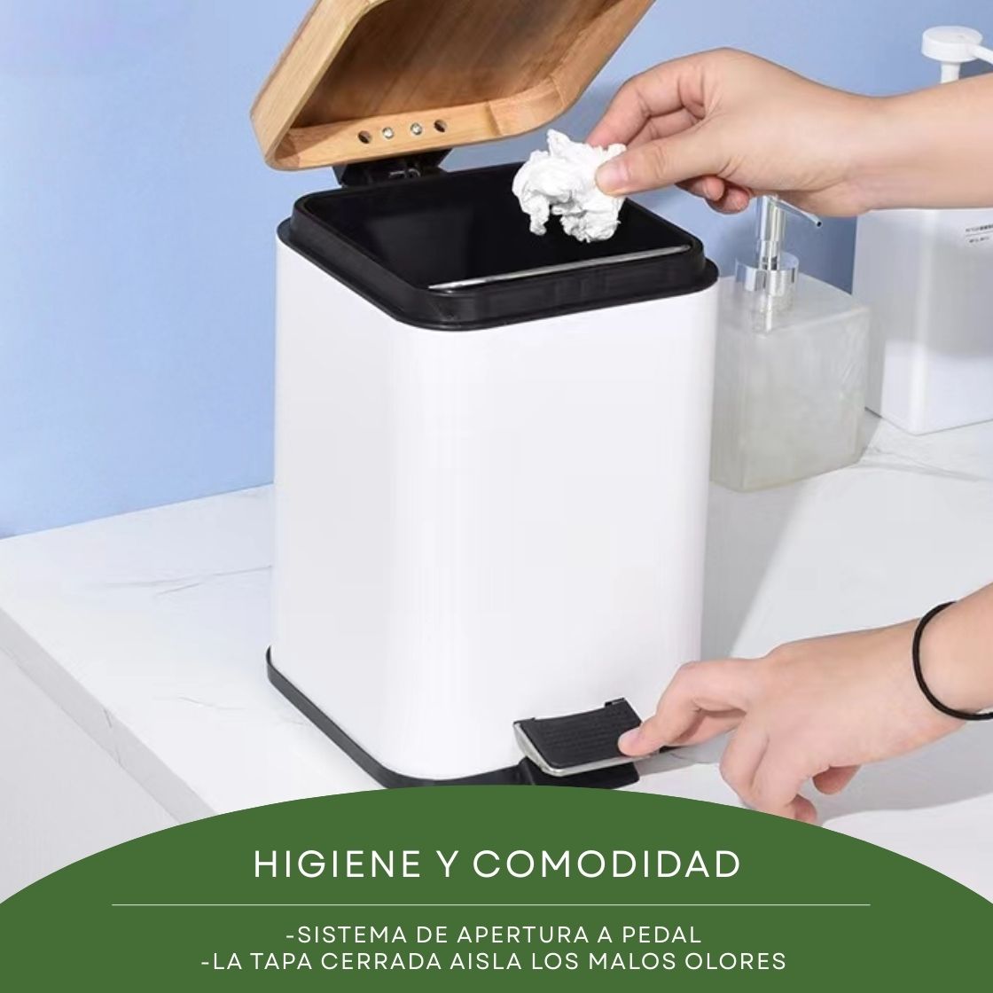 Cesto Basura A Pedal Blanco Cuadrado Con Tapa Madera 3 Lts