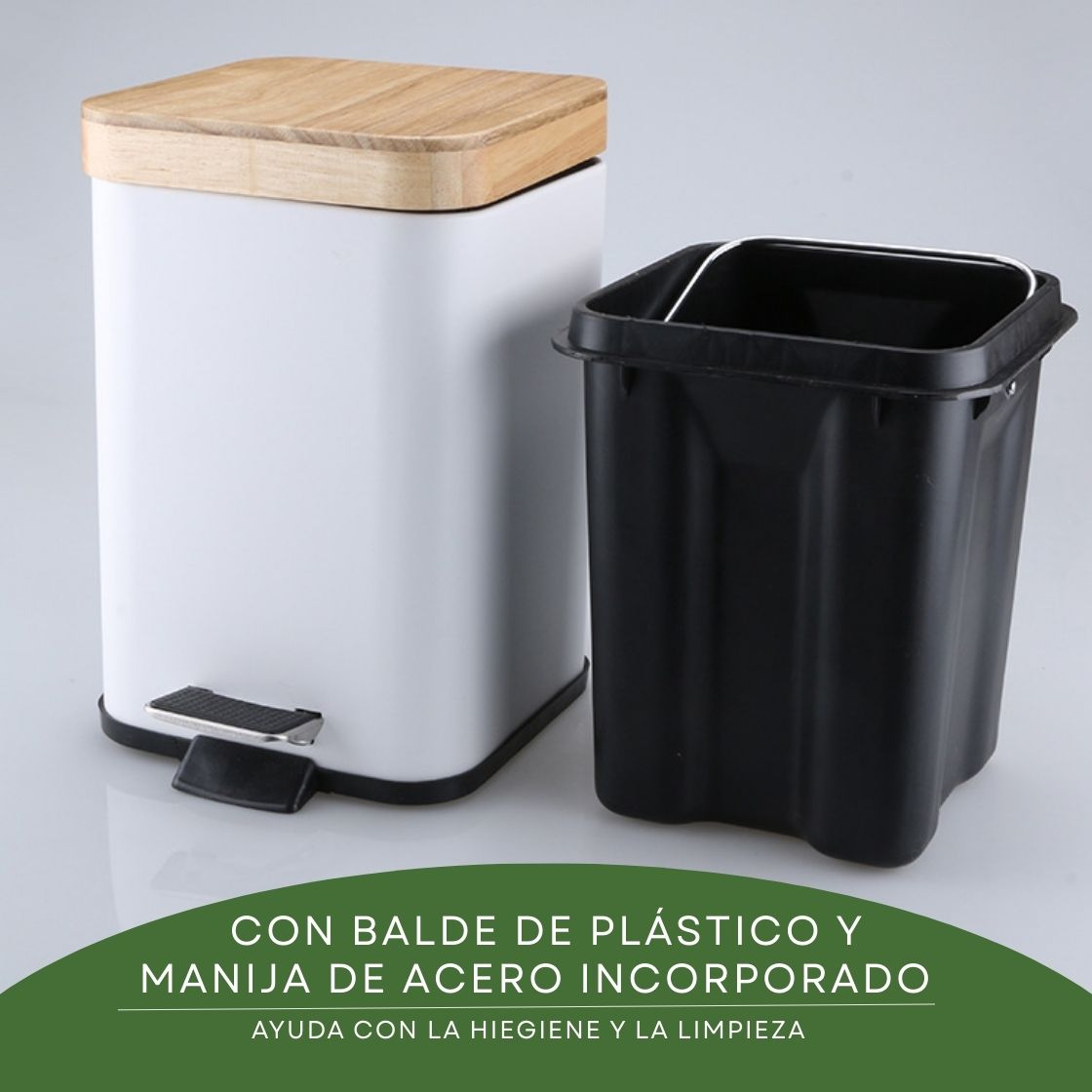 Cesto Basura A Pedal Blanco Cuadrado Con Tapa Madera 12 Lts