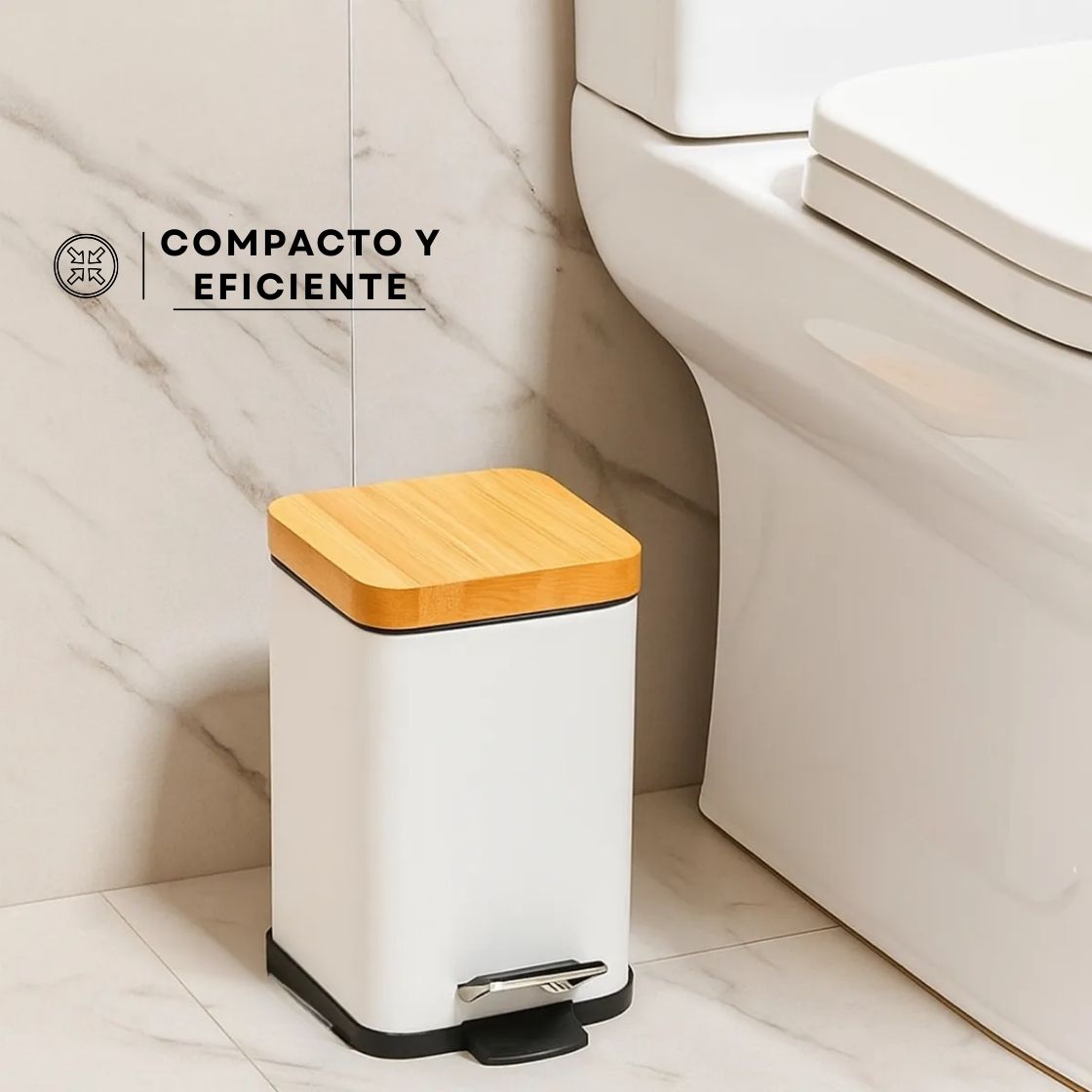 Cesto Basura A Pedal Blanco Cuadrado Con Tapa Madera 3 Lts
