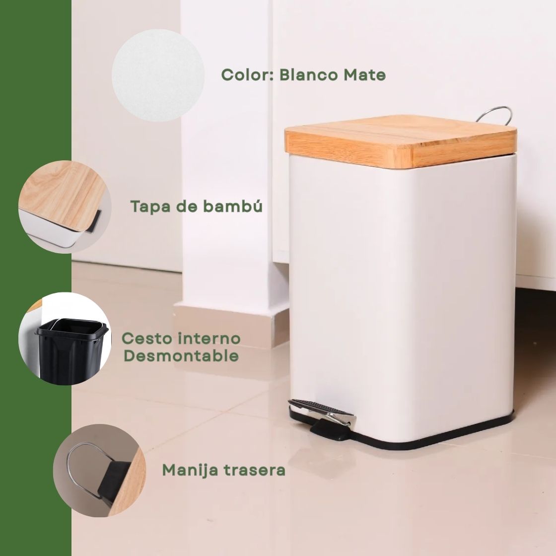 Cesto Basura A Pedal Blanco Cuadrado Con Tapa Madera 12 Lts