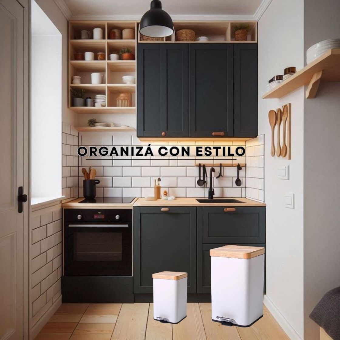 Cesto Basura A Pedal Blanco Cuadrado Con Tapa Madera 12 Lts