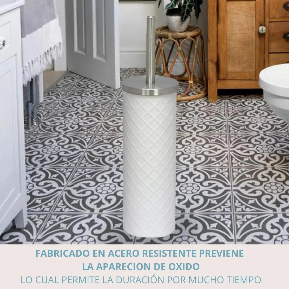 Escobilla blanca texturada para inodoro de acero inoxidable
