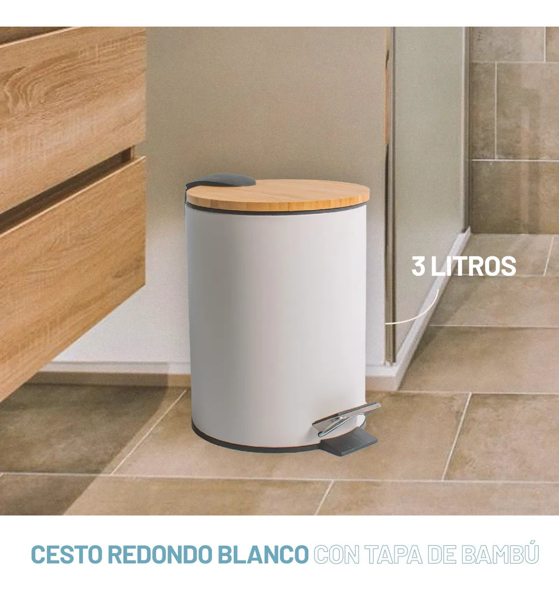 Cesto Basura Baño Cocina Pedal Tapa Madera 3 Lts