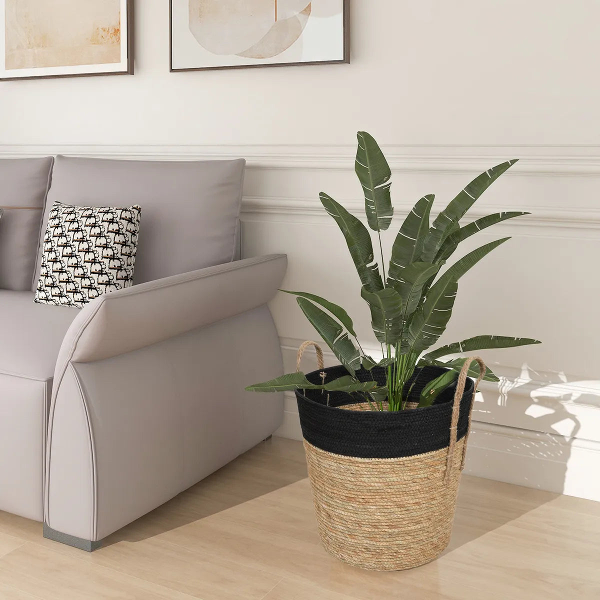 Canasto Organizador de Fibra Natural Con Manijas Bicolor