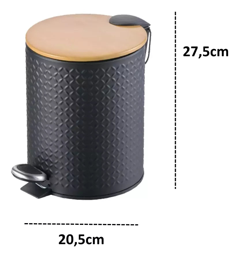 Cesto de Basura Texturado Negro con Tapa de Madera de 5 Lts