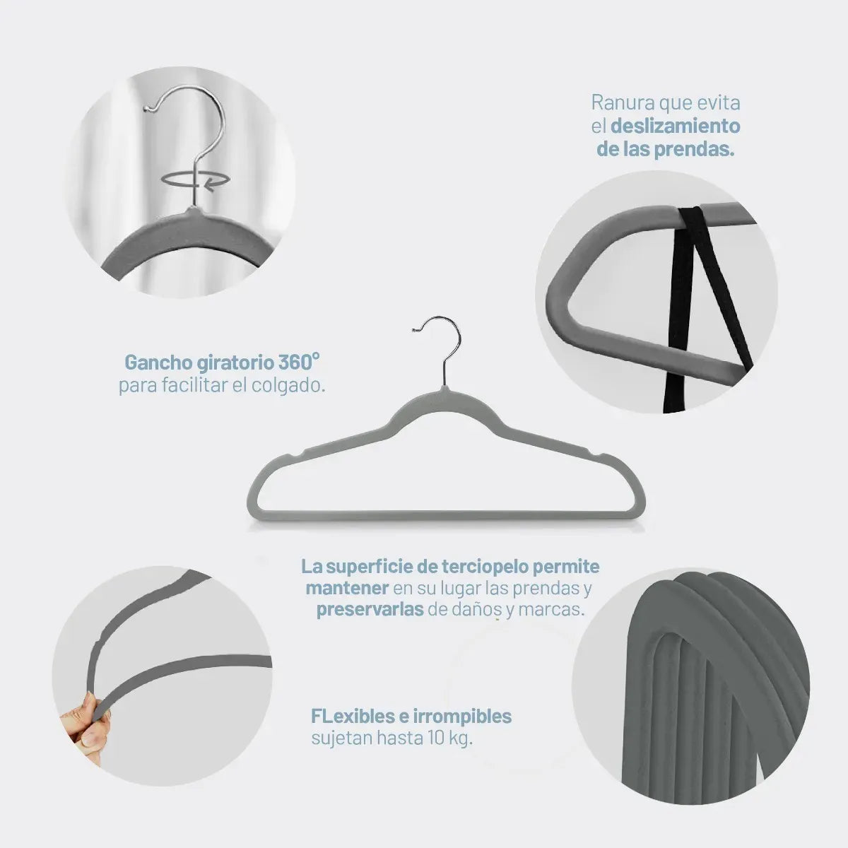 Perchas Terciopelo Gris Kids Niños Antideslizante X 50 Unidades