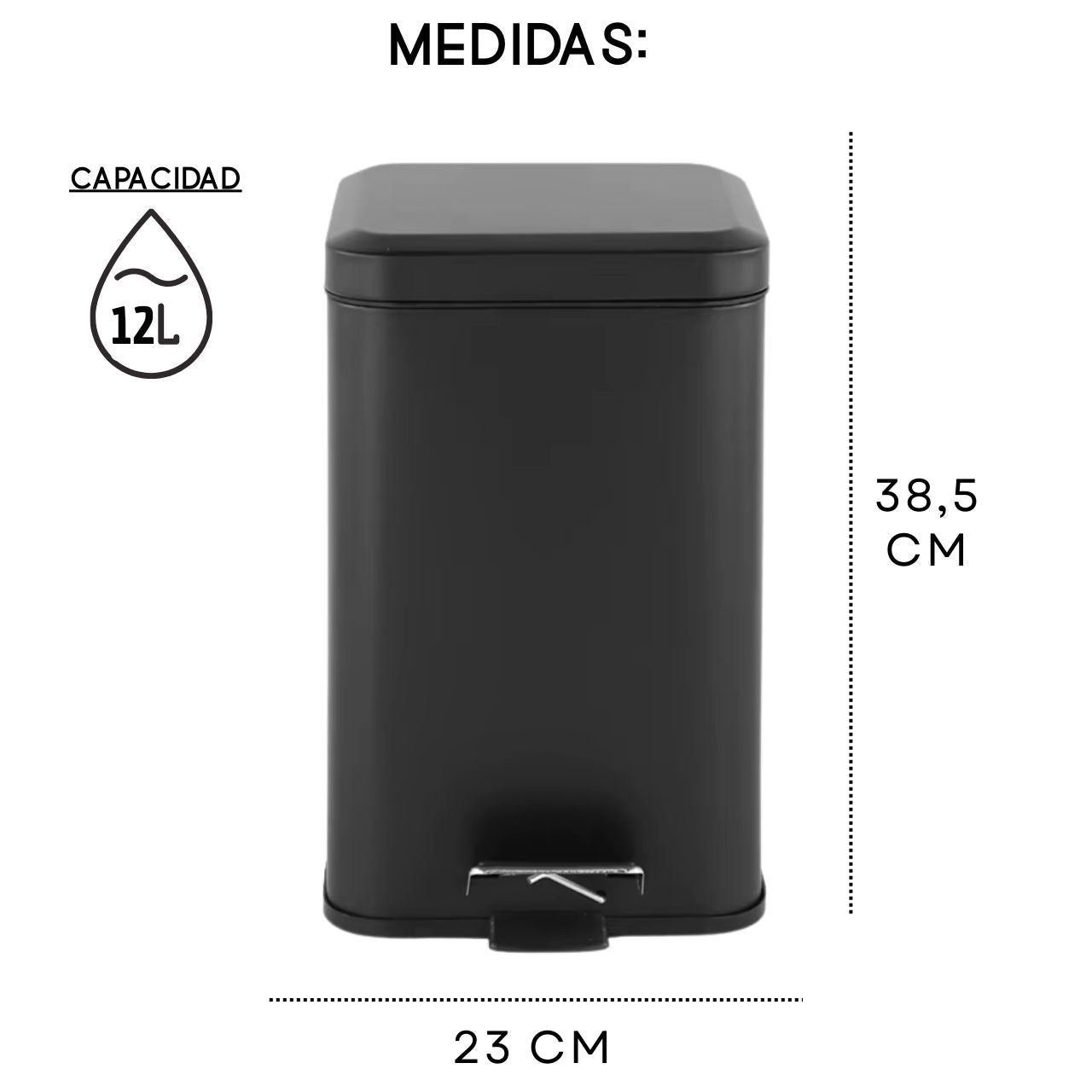 Tacho De Basura Cesto Residuo A Pedal Cuadrado 12 Lts Color Negro