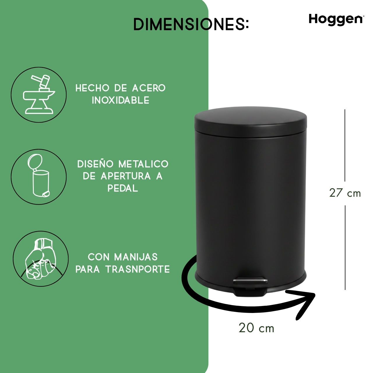 Cesto de Basura Acero Inoxidable Negro 5 Lts