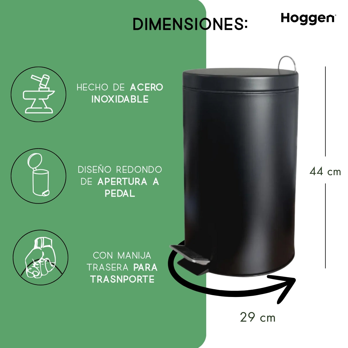 Cesto de Basura Acero Inoxidable Negro 20 Lts