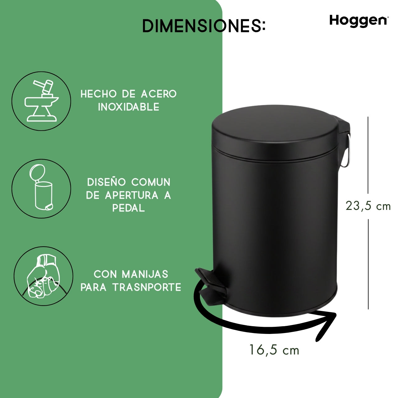 Cesto de Basura Acero Inoxidable Negro 3 Lts