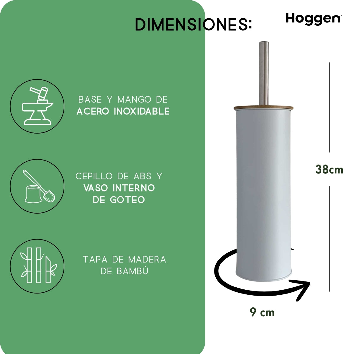 Escobilla Blanca Redonda de Acero Inoxidable con Tapa de Madera