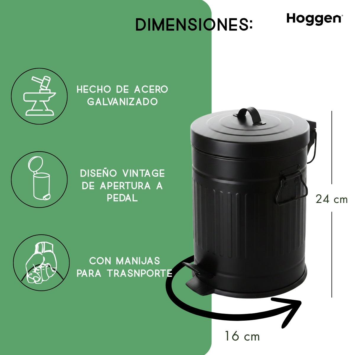 Cesto de Basura Redondo Negro Galvanizado 3 Lts
