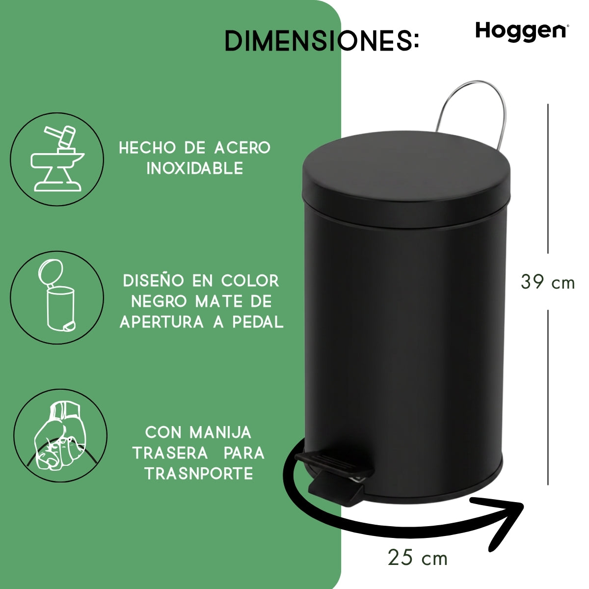 Cesto de Basura Acero Inoxidable Negro 12 Lts