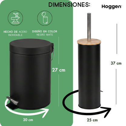 Set Cesto Basura A Pedal 5 Lts Y Escobilla de Bambu para Baño Negro