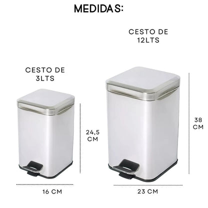 Combo Tachos De Basura Cesto Residuos Cuadrado Acero Inoxidable 6 Lts Y 20 Lts Set Baño Hogar Oficina
