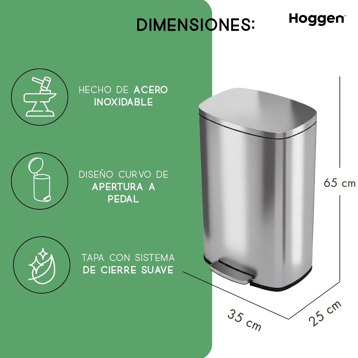 Cesto de Acero Inoxidable Rectangular 30 Lts con Cierre Suave