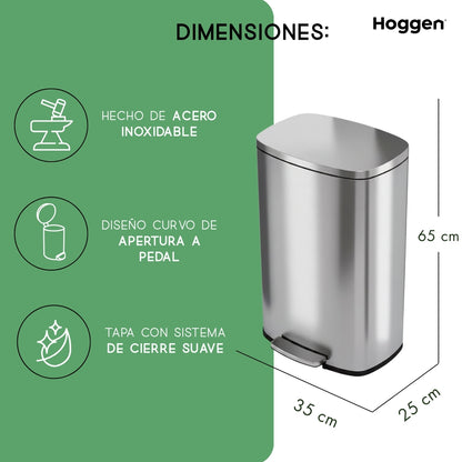 Cesto de Acero Inoxidable Rectangular 30 Lts con Cierre Suave