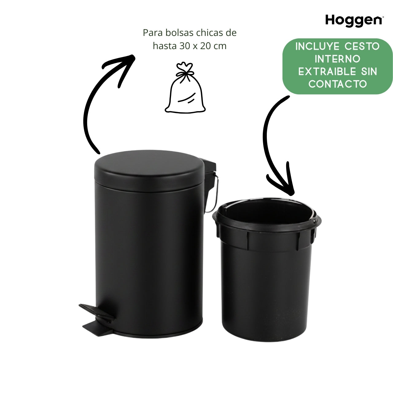 Cesto de Basura Acero Inoxidable Negro 5 Lts
