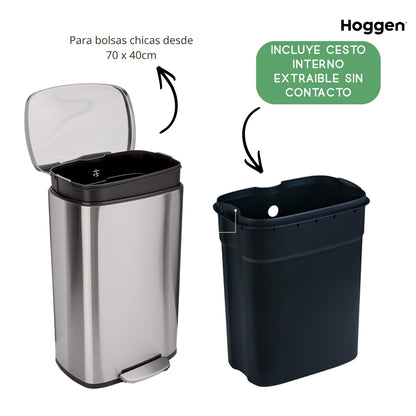 Cesto de Acero Inoxidable Rectangular 30 Lts con Cierre Suave
