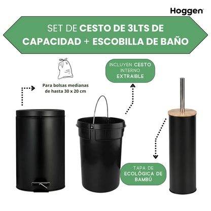 Set Cesto Basura A Pedal 5 Lts Y Escobilla de Bambu para Baño Negro