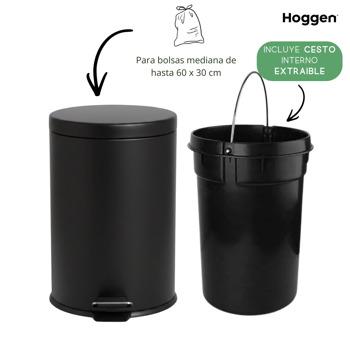 Cesto de Basura Acero Inoxidable Negro 20 Lts