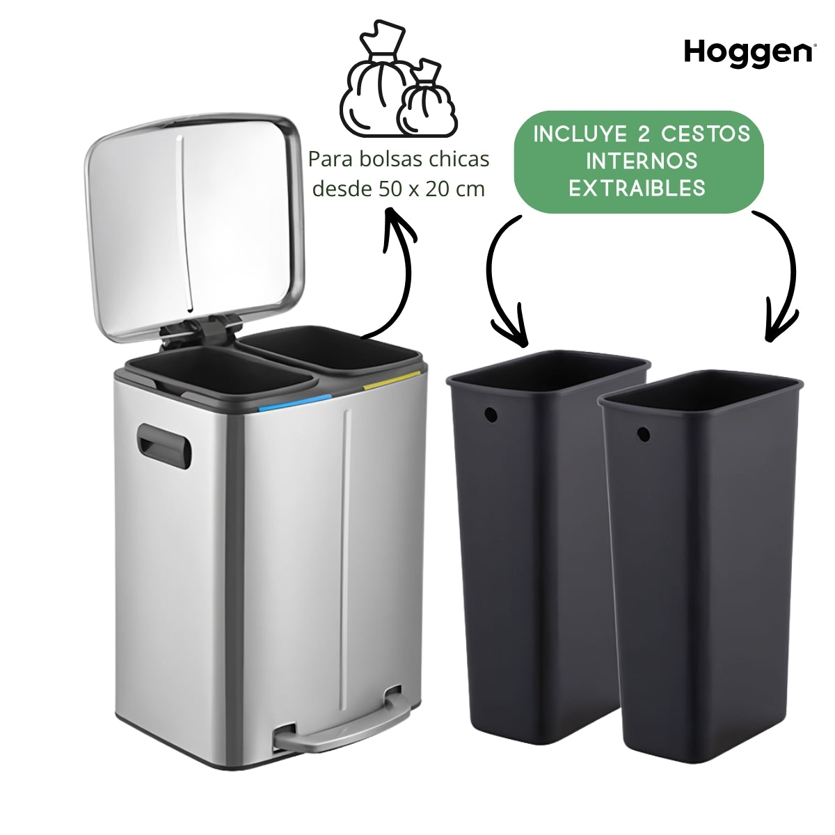 Cesto de basura doble de acero inoxidable 40 litros