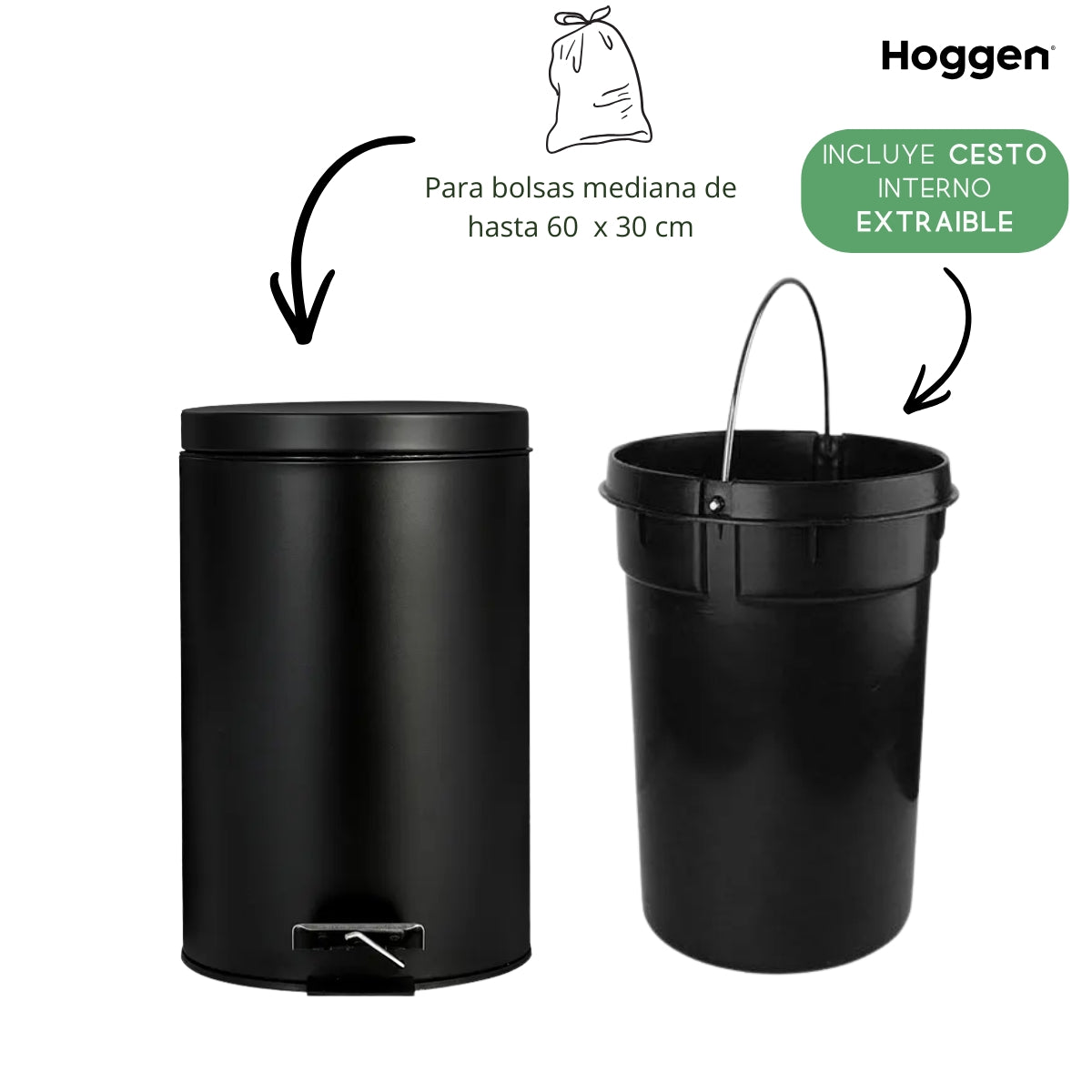 Cesto de Basura Acero Inoxidable Negro 12 Lts