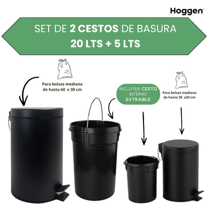 Set Cesto De Basura 5 Lts Y 20 Lts para Baño y Cocina Negro