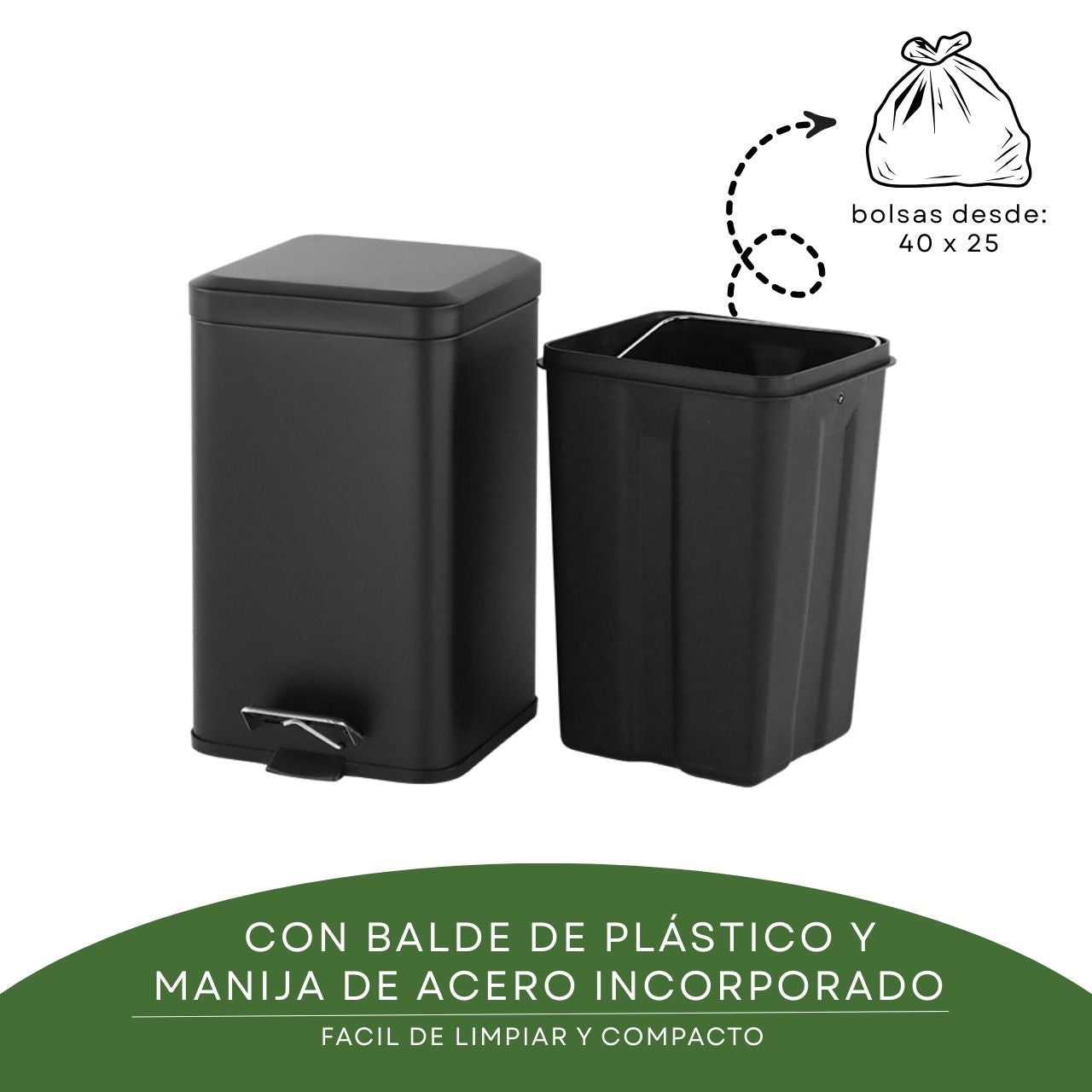 Tacho De Basura Cesto Residuo A Pedal Cuadrado 12 Lts Color Negro