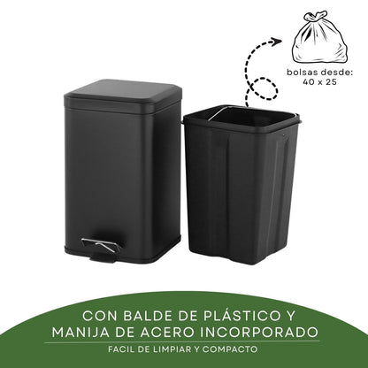 Tacho De Basura Cesto Residuo A Pedal Cuadrado 12 Lts Color Negro