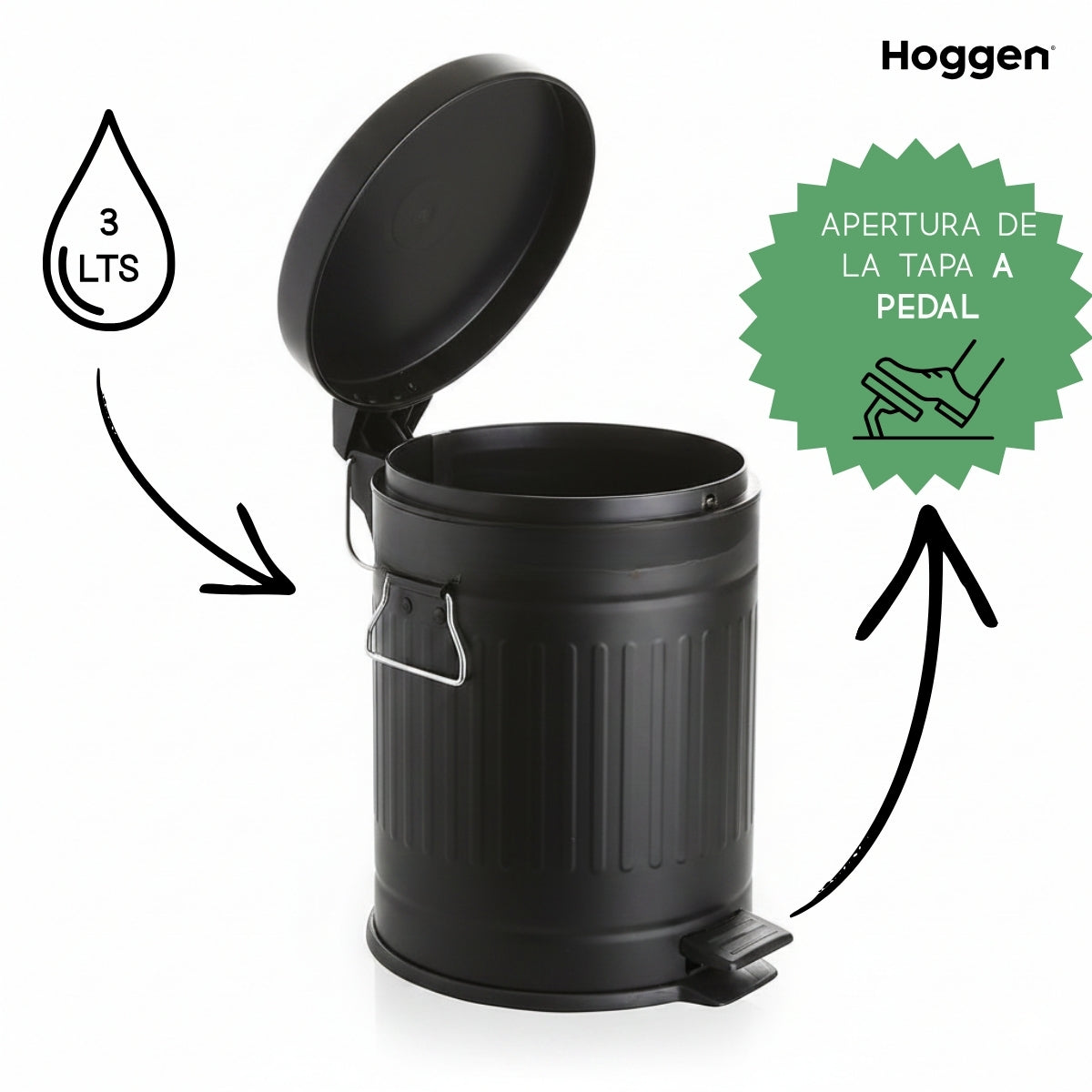 Cesto de Basura Redondo Negro Galvanizado 3 Lts