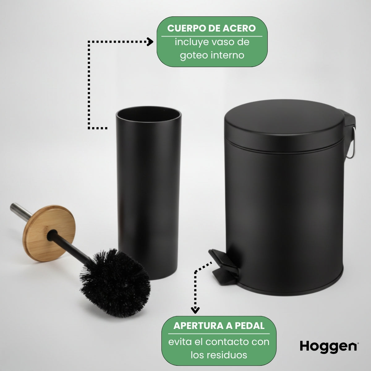 Set Cesto Basura A Pedal 5 Lts Y Escobilla de Bambu para Baño Negro