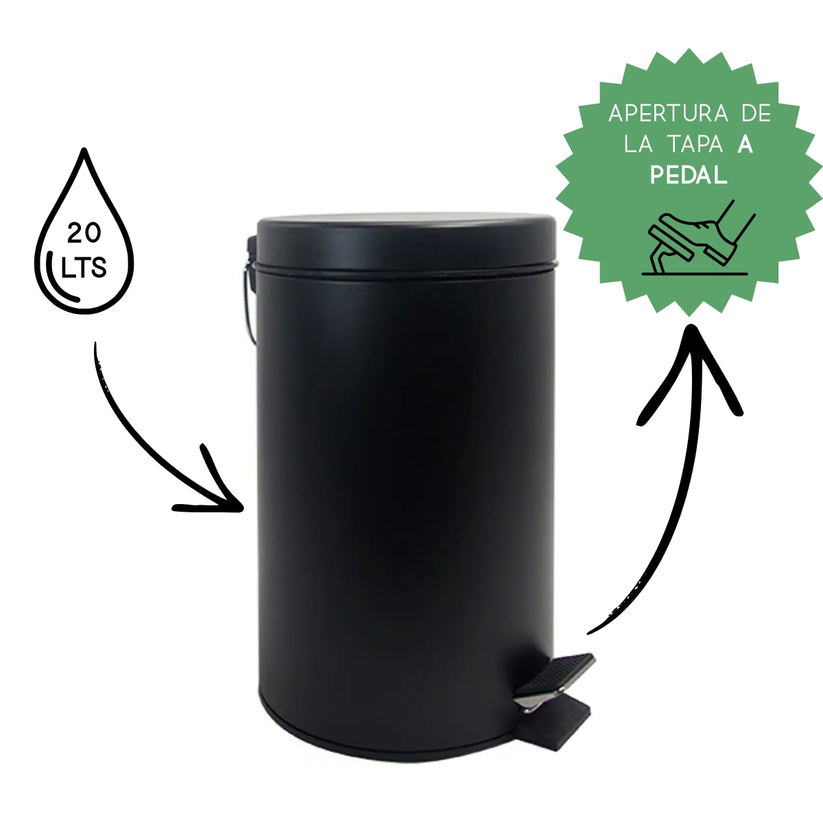 Cesto de Basura Acero Inoxidable Negro 20 Lts