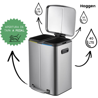 Cesto de basura doble de acero inoxidable 40 litros