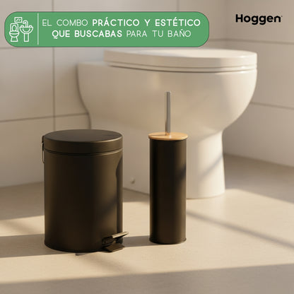 Set Cesto Basura A Pedal 5 Lts Y Escobilla de Bambu para Baño Negro