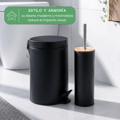 Set Cesto Basura A Pedal 5 Lts Y Escobilla de Bambu para Baño Negro