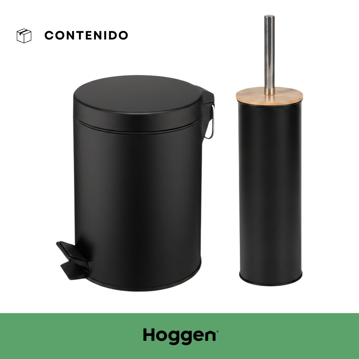 Set Cesto Basura A Pedal 5 Lts Y Escobilla de Bambu para Baño Negro