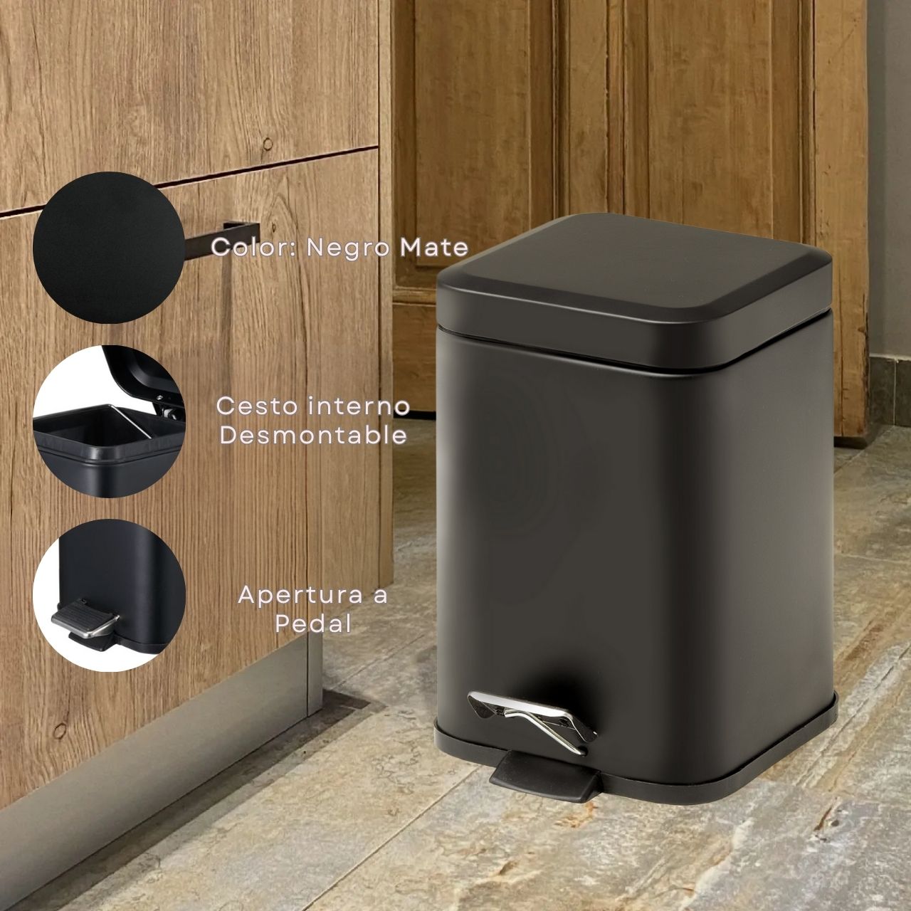 Tacho De Basura Cesto Residuo A Pedal Cuadrado 12 Lts Color Negro