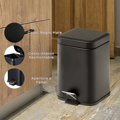 Tacho De Basura Cesto Residuo A Pedal Cuadrado 12 Lts Color Negro