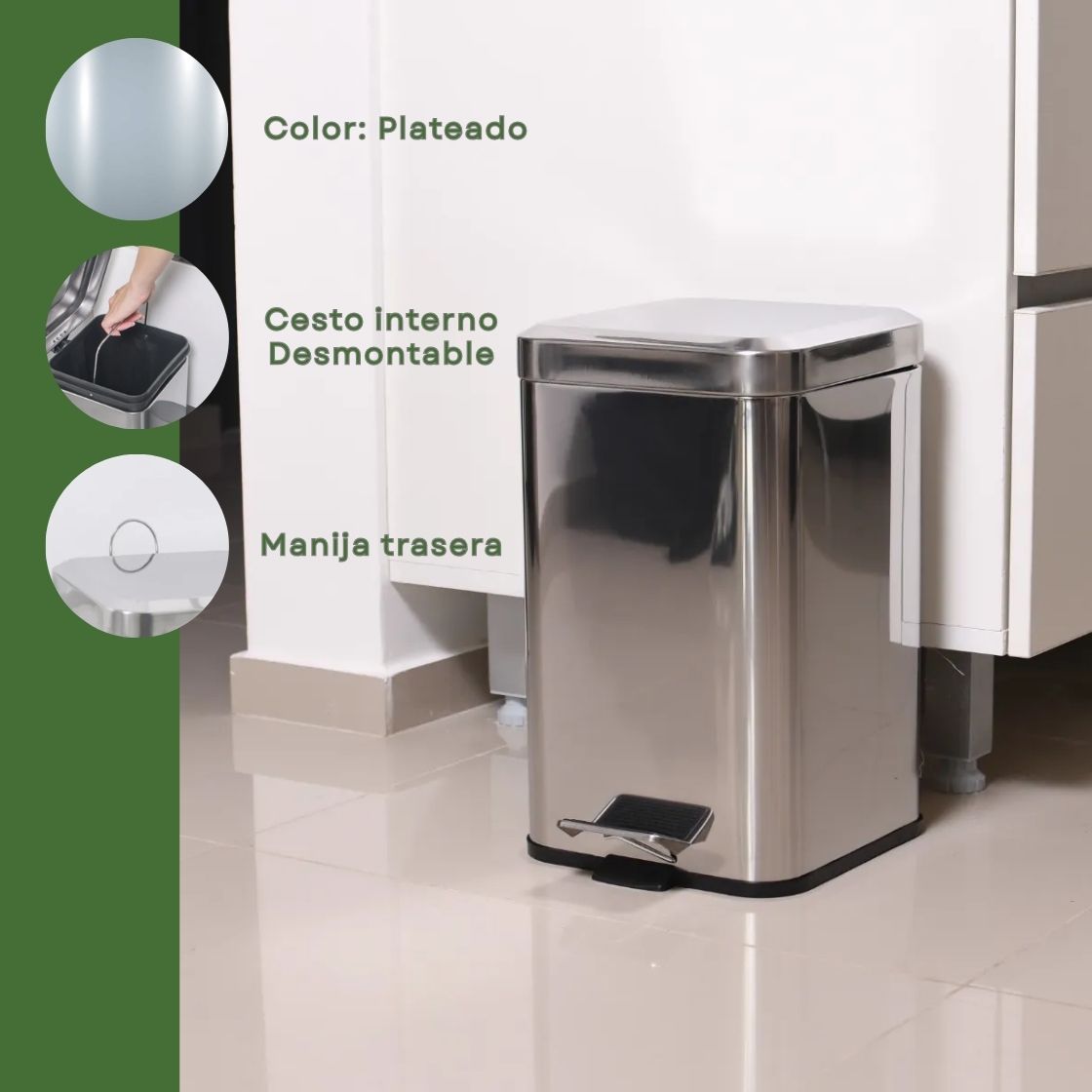 Combo Tachos De Basura Cesto Residuos Cuadrado Acero Inoxidable 6 Lts Y 20 Lts Set Baño Hogar Oficina