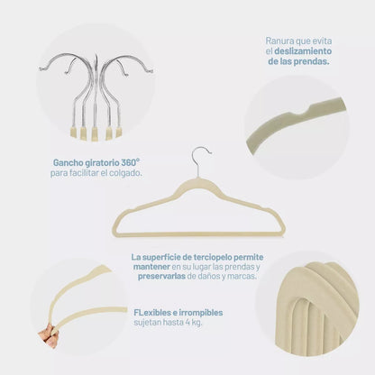 Perchas Terciopelo Beige para Adultos x 50 Unidades