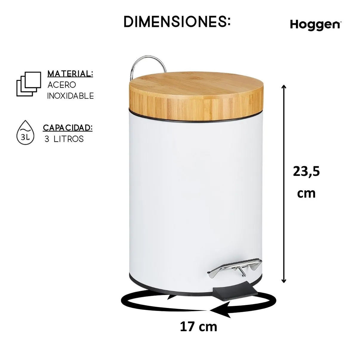 Cesto de Basura  Blanco Mate con Tapa Madera 3 Lts