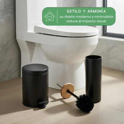 Set Cesto Basura A Pedal 3 Lts Y Escobilla de Bambu para Baño Negro