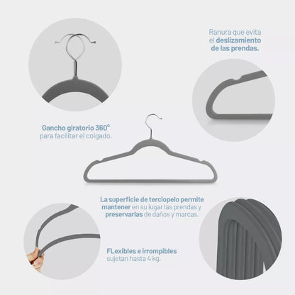 Perchas terciopelo adultos gris x 20 unidades