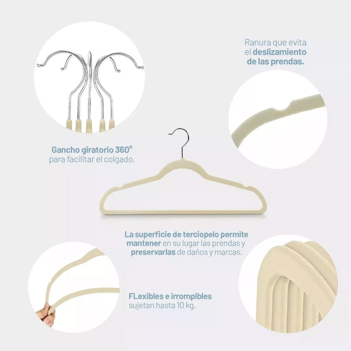 Perchas Terciopelo Beige Kids Niños Antideslizante X 20 Unidades