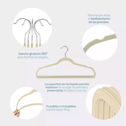 Perchas Terciopelo Beige Kids Niños Antideslizante X 20 Unidades