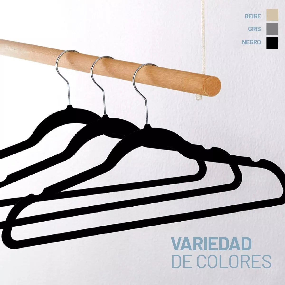 Perchas Terciopelo Adultos Antideslizante Negras X 100 Unidades