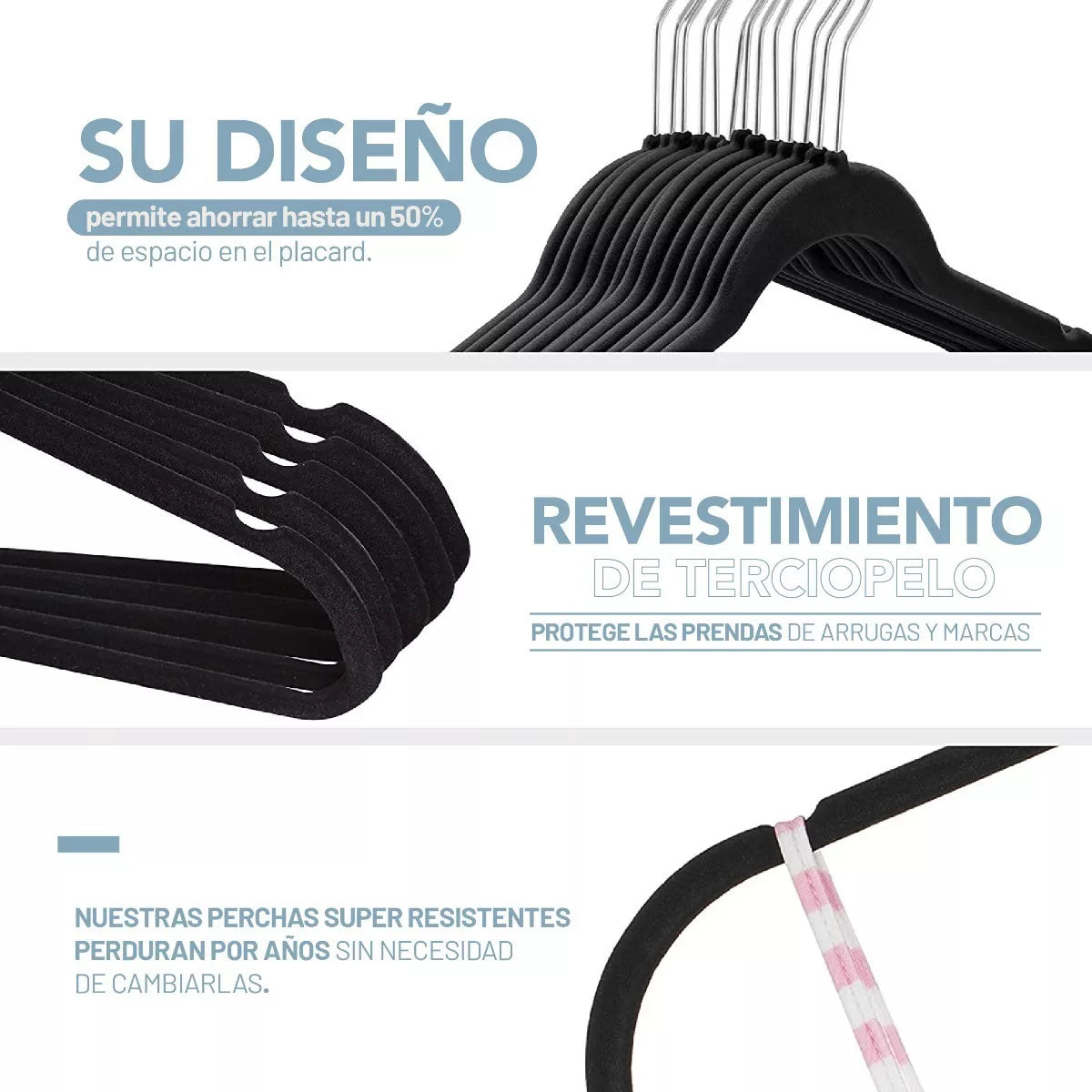 Perchas Terciopelo Adultos Antideslizante Negras X 100 Unidades