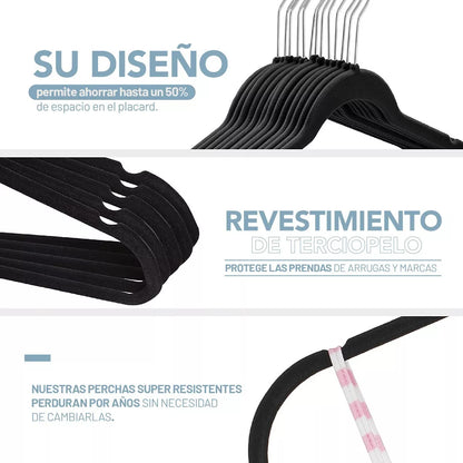 Perchas Terciopelo Adultos Antideslizante Negras X 100 Unidades