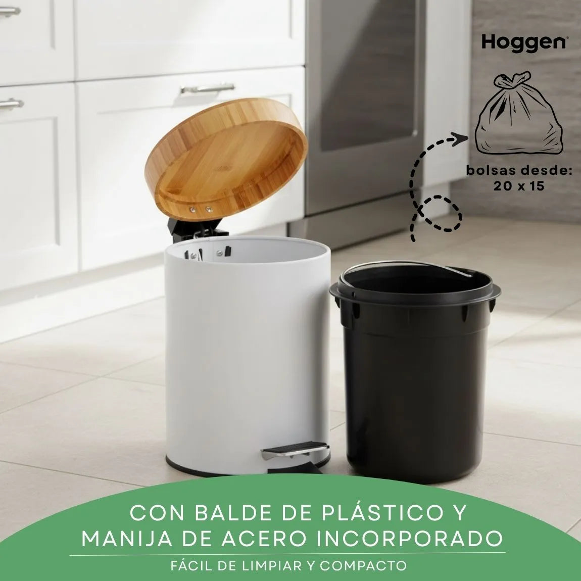 Cesto de Basura  Blanco Mate con Tapa Madera 3 Lts